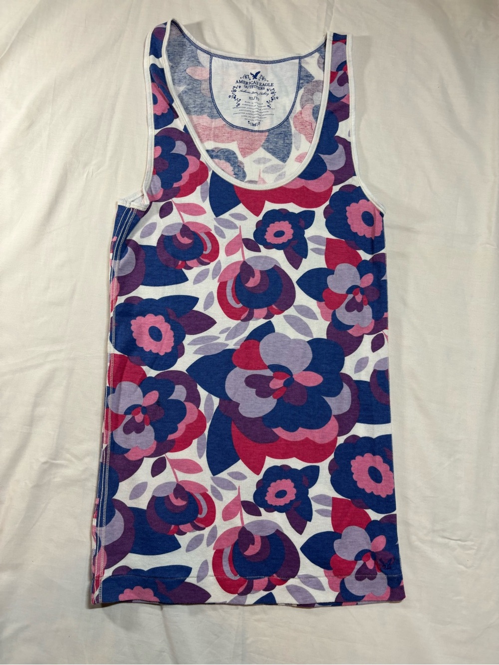 American Eagle Outfitters XL Floral Ribbed Tank Top Retro Y2K Pink Blue